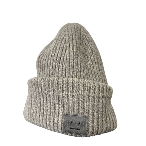 Acne Studios Large Pansy Face Logo Grey Ribbed Knit Beanie One Size - Picture 1 of 8
